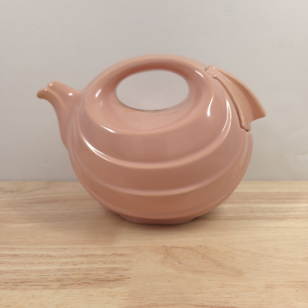 VTG Hall Pottery 1400 Teapot Unique Terracotta Pink Art Deco Swirl USA w/ Lid 6"